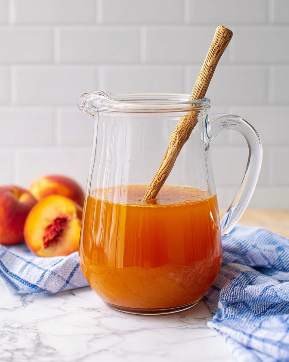 A clear glass pitcher holds a golden-orange liquid filled to about one-third from the bottom, with a wooden stirring stick inside that shows natural wood texture. The pitcher sits on a white marbled surface, with a soft blue and white checkered cloth casually placed to the left side of the pitcher. In the background, two ripe peaches with warm orange and red hues rest on the same white marbled surface, and a clean white tiled backsplash adds a simple backdrop. The lighting is soft and natural, highlighting the color and texture of the liquid and the wood grain of the stick. Photo taken with an iphone --ar 4:5 --v 7