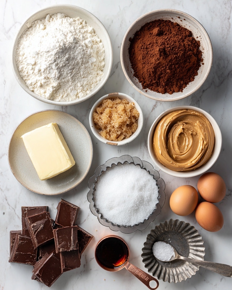The image shows an overhead view of various baking ingredients placed neatly on a white marbled surface. Starting from the top left corner, there is a white bowl filled with white flour with a soft powdery texture. To its right, a smaller white bowl holds cocoa powder, rich brown and finely ground. Below the flour bowl is a thin slab of pale yellow butter resting on a small vintage metal dish with a scalloped edge. Next to the butter is a large white bowl filled with light brown, coarse brown sugar. In the center is a bowl with smooth, creamy peanut butter in a light tan shade. To the right, a white bowl holds granulated white sugar, fine and sparkling. Nearby, two brown eggs sit side by side displaying smooth shells. A copper-toned measuring spoon with white salt crystals is placed next to the eggs. Below the eggs is a black measuring spoon partially filled with dark amber vanilla extract. On the lower left, a white bowl contains thick, broken pieces of dark semisweet chocolate. To the right of the chocolate is a small, empty round fluted metal tart pan. All the items are spaced evenly on the white marbled surface showing clear textures and colors of each ingredient. photo taken with an iphone --ar 4:5 --v 7