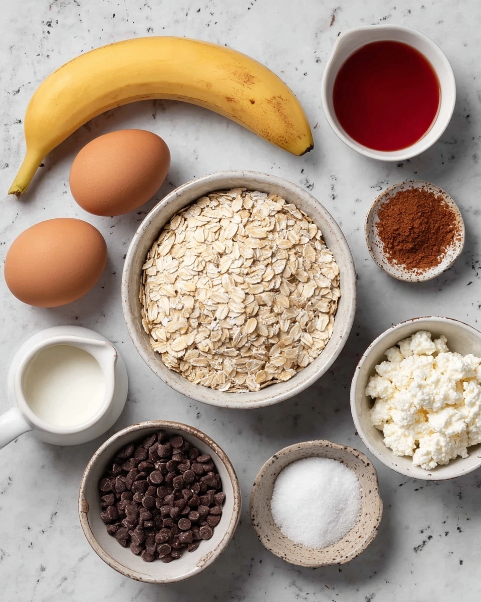 A top-down view of several ingredients placed on a white marbled surface. In the center is a bowl filled with light beige oats. Surrounding it are two brown eggs, a whole yellow banana, a small bowl of dark chocolate chips, a white bowl of cottage cheese, a small white bowl of red liquid, a small white jug of milk, a small bowl with white powder and baking soda, a tiny bowl of cinnamon powder, and a tiny bowl of salt. The items are arranged evenly around the central oats bowl. photo taken with an iphone --ar 4:5 --v 7