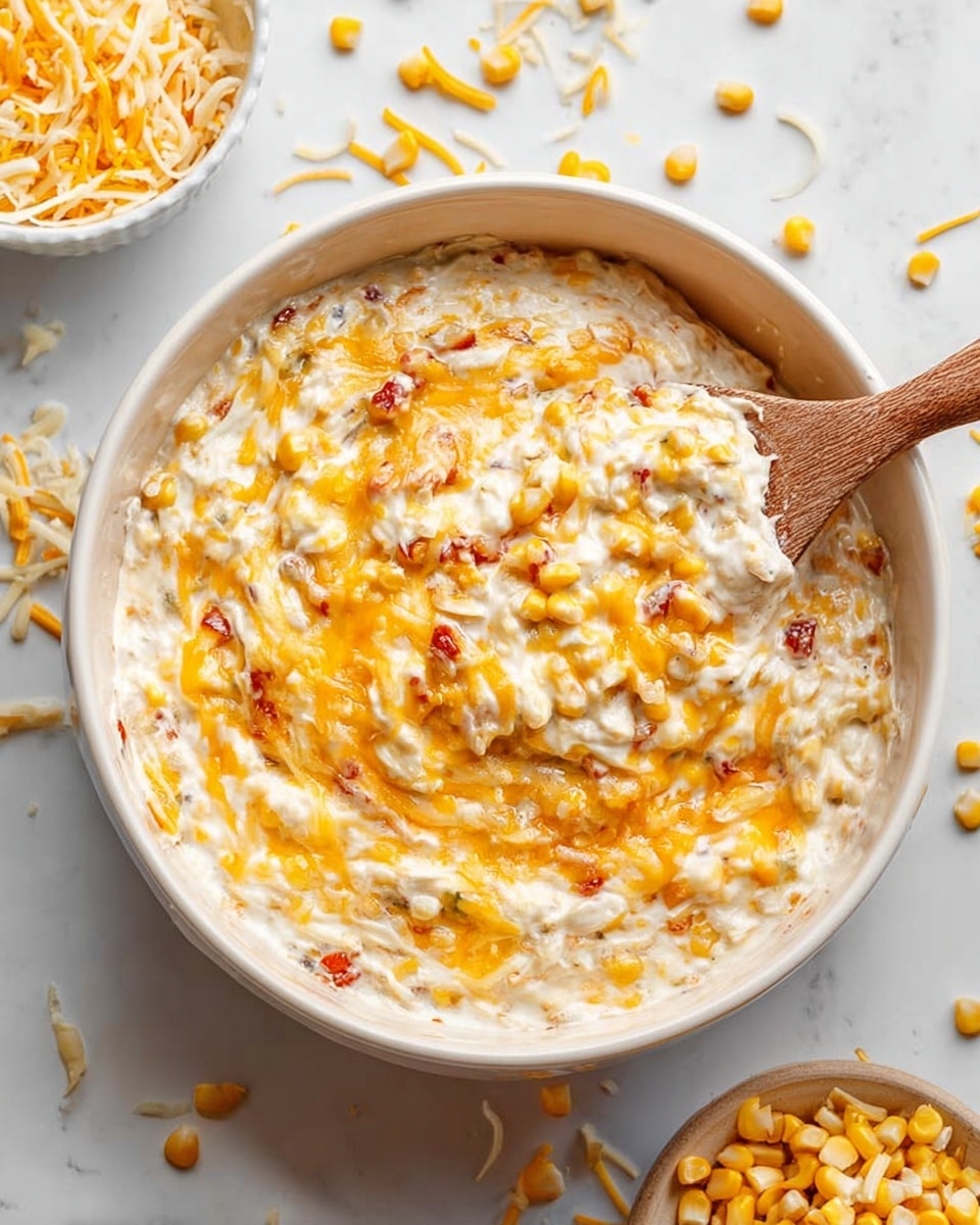 A white round bowl filled with a creamy, chunky dip that has layers of melted yellow and white cheese swirled into a white base with visible corn kernels and bits of red pepper. A wooden spoon with some of the dip clinging to it is partially dipped into the bowl on the right side. Around the bowl are scattered corn kernels and part of another white bowl with shredded yellow and white cheese. The whole scene is set on a white marbled surface. photo taken with an iphone --ar 4:5 --v 7