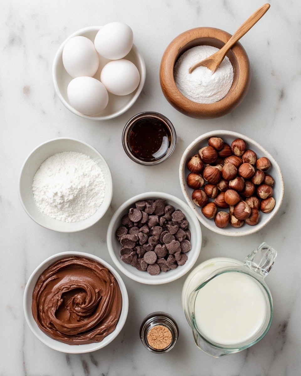 The image shows seven small white bowls and a glass jug arranged on a white marbled surface. Starting from the top left, one white bowl holds four whole white eggs. To the right, a round wooden container with a lid holds white salt with a small wooden spoon resting inside. Below the eggs, a white bowl is filled with white granulated sugar. Next to the sugar, another white bowl contains a heap of whole hazelnuts with brown shells. Below the hazelnuts, a white bowl is filled with shiny dark chocolate chips. To the left of the chocolate chips, a white bowl contains a smooth, creamy chocolate spread. Below the chocolate spread, a small glass bottle with a cork holds a dark liquid, likely vanilla extract. The glass jug on the right side is filled with white cream. photo taken with an iphone --ar 4:5 --v 7