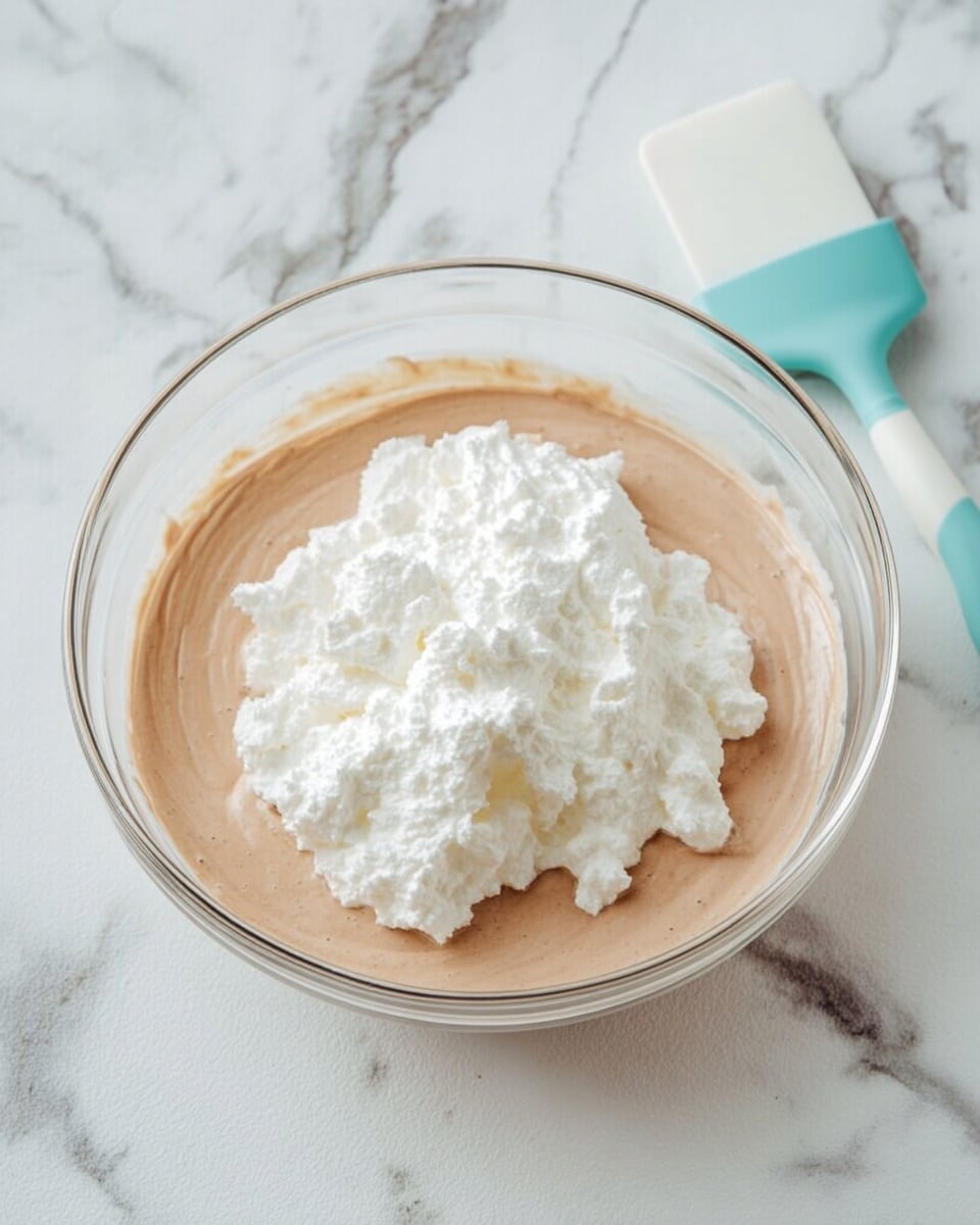 A clear glass bowl is placed on a white marbled surface, containing two layers of food. The bottom layer is a smooth, light brown mousse or batter that fills most of the bowl. On top, there is a fluffy white mixture piled in the center, showing a soft and airy texture. Next to the bowl lies a spatula with a white and turquoise color, resting on the marbled surface. The photo taken with an iphone --ar 4:5 --v 7