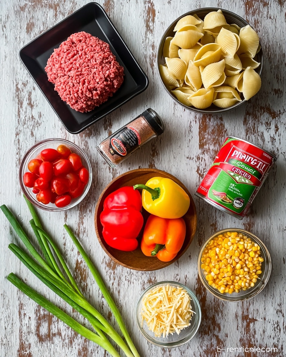 The image shows several cooking ingredients arranged on a white marbled texture. In the center top is a black tray holding a mound of pink ground meat with a hollow in the middle. To the right of the meat is a green box of large yellow pasta shells. Below the pasta is a small wooden bowl filled with three colorful mini bell peppers in yellow, red, and orange. Below the bell peppers is an orange bag of shredded cheese labeled