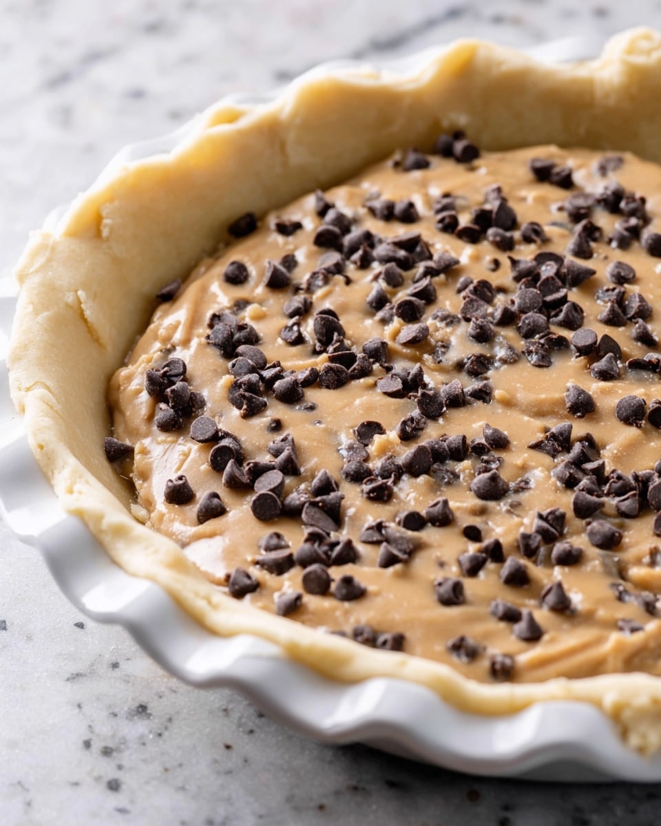 A close-up view of an unbaked pie with one visible layer of light brown cookie dough mixed with small dark chocolate chips. The dough is placed inside a white pie dish that has a thick, golden crust with fork marks around the edges. Scattered on top of the dough are extra dark chocolate chips, adding a rough texture and darker color contrast. The pie dish is sitting on a white marbled surface. photo taken with an iphone --ar 4:5 --v 7