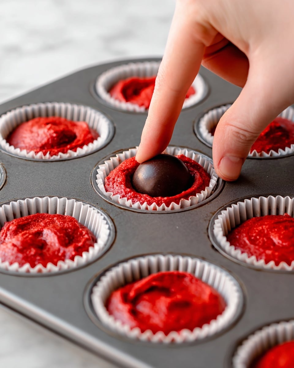 The image shows a close-up of a dark gray metal muffin tray with six white paper liners filled with bright red batter. Each liner is about three-quarters full with thick, smooth batter. A woman's hand is pressing a round dark chocolate piece into the center of the batter in the middle muffin cup. The background is a white marbled surface with soft lighting. The focus is on the hand and the batter-filled muffin cup, creating a warm, homemade feeling. photo taken with an iphone --ar 4:5 --v 7