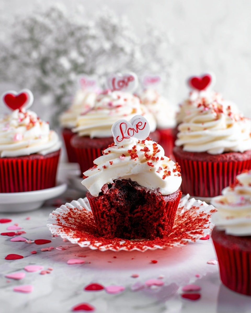 A group of red velvet cupcakes with thick white cream frosting swirled on top, each sprinkled with fine red crumbs and decorated with small