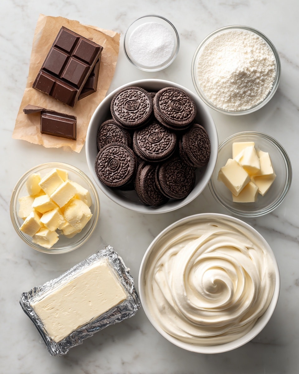 The image shows several ingredients laid out on a white marbled surface. In the center, there is a white bowl filled with whole Oreo cookies arranged in a circle, with some stacked in the middle. Around the bowl, there are clear glass bowls containing powdered sugar, butter, vanilla extract, milk, and instant chocolate pudding mix in a small brown paper packet. There is also a partially opened foil package of cream cheese and a white bowl filled with smooth, fluffy cool whip. Each item is spaced neatly and clearly visible. Photo taken with an iphone --ar 4:5 --v 7