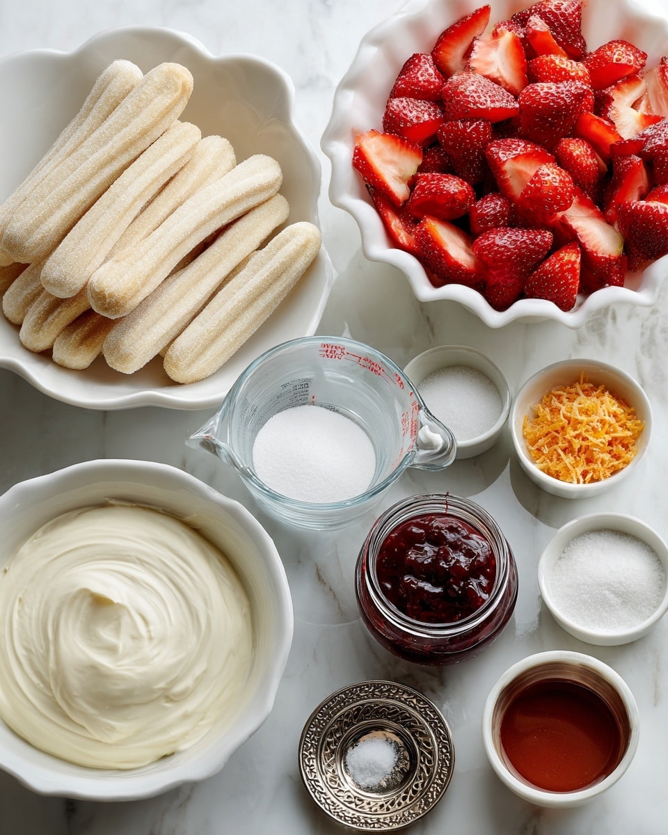 The image shows a white scalloped bowl filled with light tan lady fingers arranged side by side. Nearby, a white bowl holds creamy off-white mascarpone cheese with a smooth texture. A clear glass measuring cup contains light cream with a frothy top. A large white bowl is full of bright red sliced strawberries, showing their juicy texture. Small white bowls hold powdered sugar, cold water, and granulated sugar, each with a fine texture. A small intricate silver bowl contains bright orange zest, and next to it, a white bowl is filled with orange juice, exhibiting a smooth liquid surface. A tiny glass jar holds dark red strawberry jam with a thick, shiny look. All items are on a white marbled surface. photo taken with an iphone --ar 4:5 --v 7