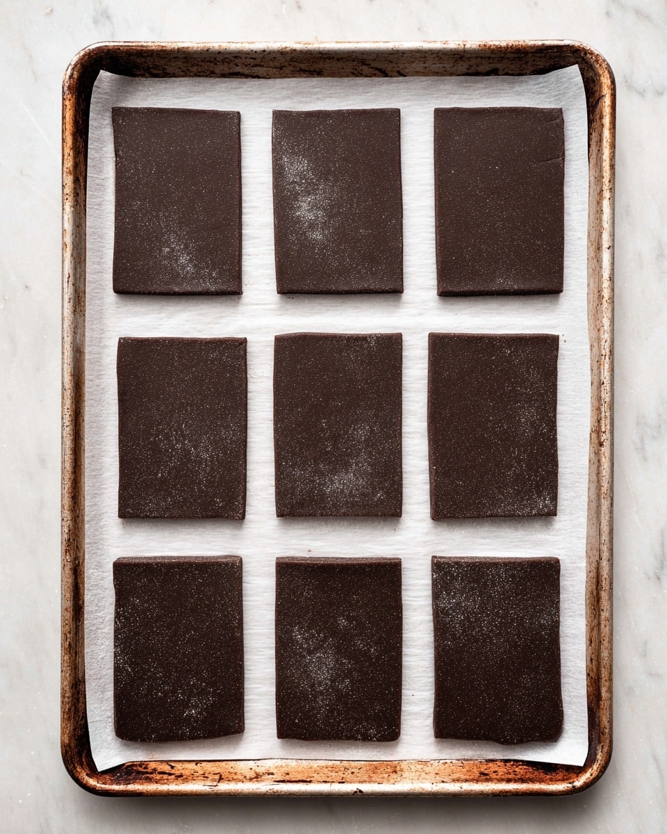 This image shows a baking sheet lined with white parchment paper placed on a white marbled surface. On the sheet, there are nine rectangular pieces of dark chocolate dough arranged in three rows and three columns. The edges of each rectangle are clean but slightly irregular, and the dough has a smooth, matte texture with some light flour dust scattered unevenly across the pieces. The baking sheet has a worn, slightly rusty look around the edges. Photo taken with an iphone --ar 4:5 --v 7