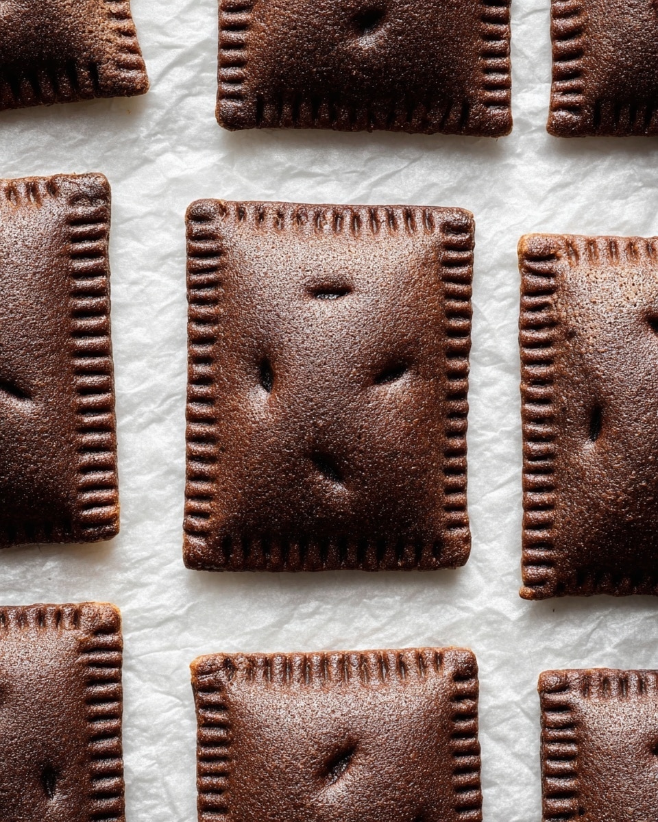 The image shows several square-shaped chocolate pastries arranged in a grid pattern on white parchment paper. Each pastry has a dark brown color with a slightly rough texture and fork-pressed edges that create a ridged border. The center of each pastry has small slits or cuts, allowing some air or steam to escape during baking. The pastries rest on a white marbled surface which adds a clean, bright contrast to the dark chocolate color of the pastries. Photo taken with an iphone --ar 4:5 --v 7