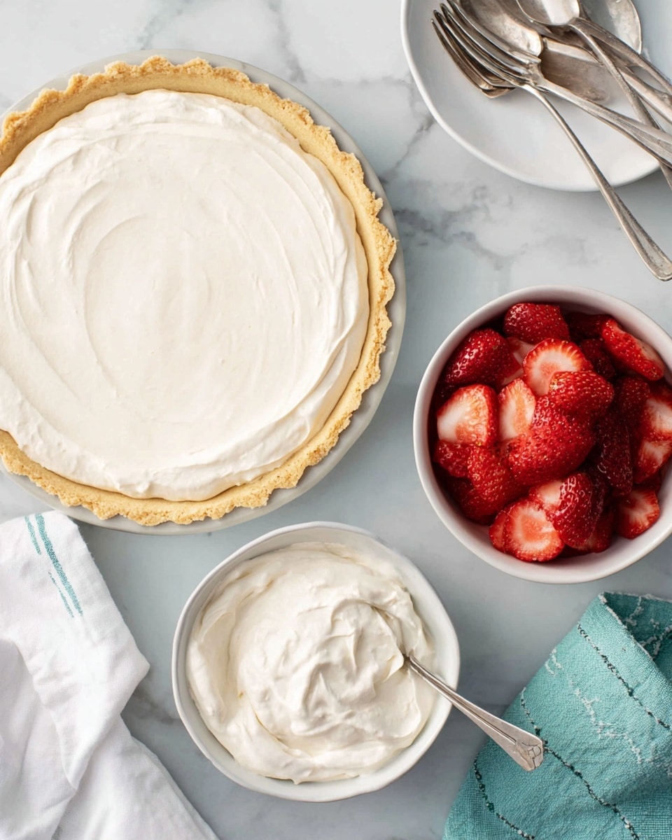 The image shows a tart with one visible layer, consisting of a light golden brown crust topped with a smooth, thick white cream spread evenly inside the crust edges. To the right, there is a white bowl filled with bright red strawberries, some sliced. Below it, there is another white bowl holding some white cream with a silver spoon resting inside. The scene is set on a white marbled surface, with a white and teal cloth and silver forks partially visible near the top right corner. Photo taken with an iphone --ar 4:5 --v 7