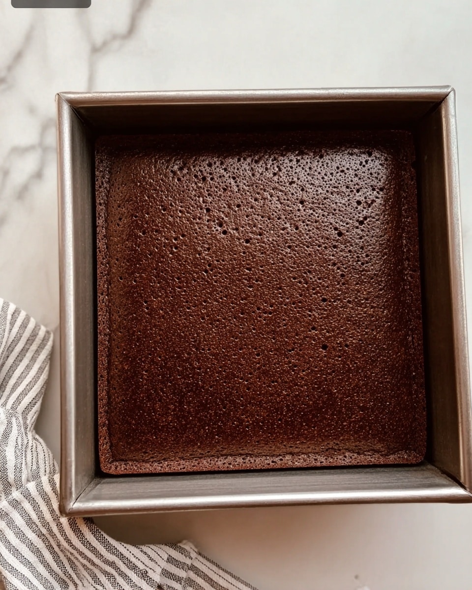 A square, dark brown baked cake sits inside a shiny metal square pan. The cake has a smooth, slightly rough texture on top with tiny air bubbles visible throughout. The pan is placed on a white marbled surface, with a piece of soft, folded-striped cloth partially visible at the bottom left corner. photo taken with an iphone --ar 4:5 --v 7