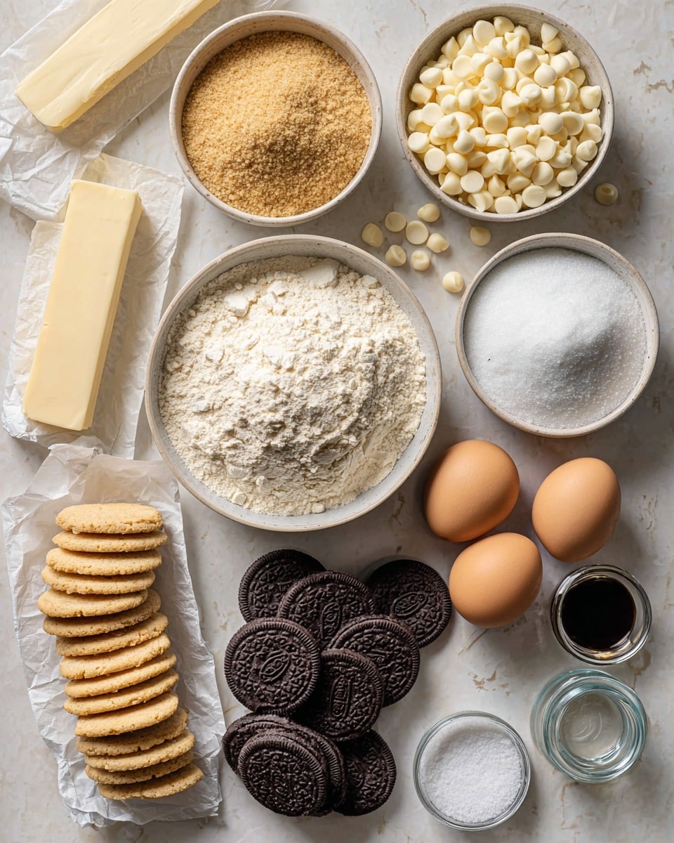 The image shows an overhead view of baking ingredients arranged neatly on a white marbled surface. There are two bowls filled with light brown sugar and white chocolate chips positioned near the top, a bigger bowl of white flour placed centrally, and a smaller bowl of white granulated sugar to the right. Two brown eggs sit side by side near the sugar bowl. At the bottom left corner, there are two piles of sandwich cookies, one pile with golden cookies and another with dark chocolate cookies. Two sticks of butter lie on the left side wrapped in paper, and two small bowls with salt are placed near the bottom right. A small glass jar with dark vanilla extract is near the top right corner. Photo taken with an iphone --ar 4:5 --v 7