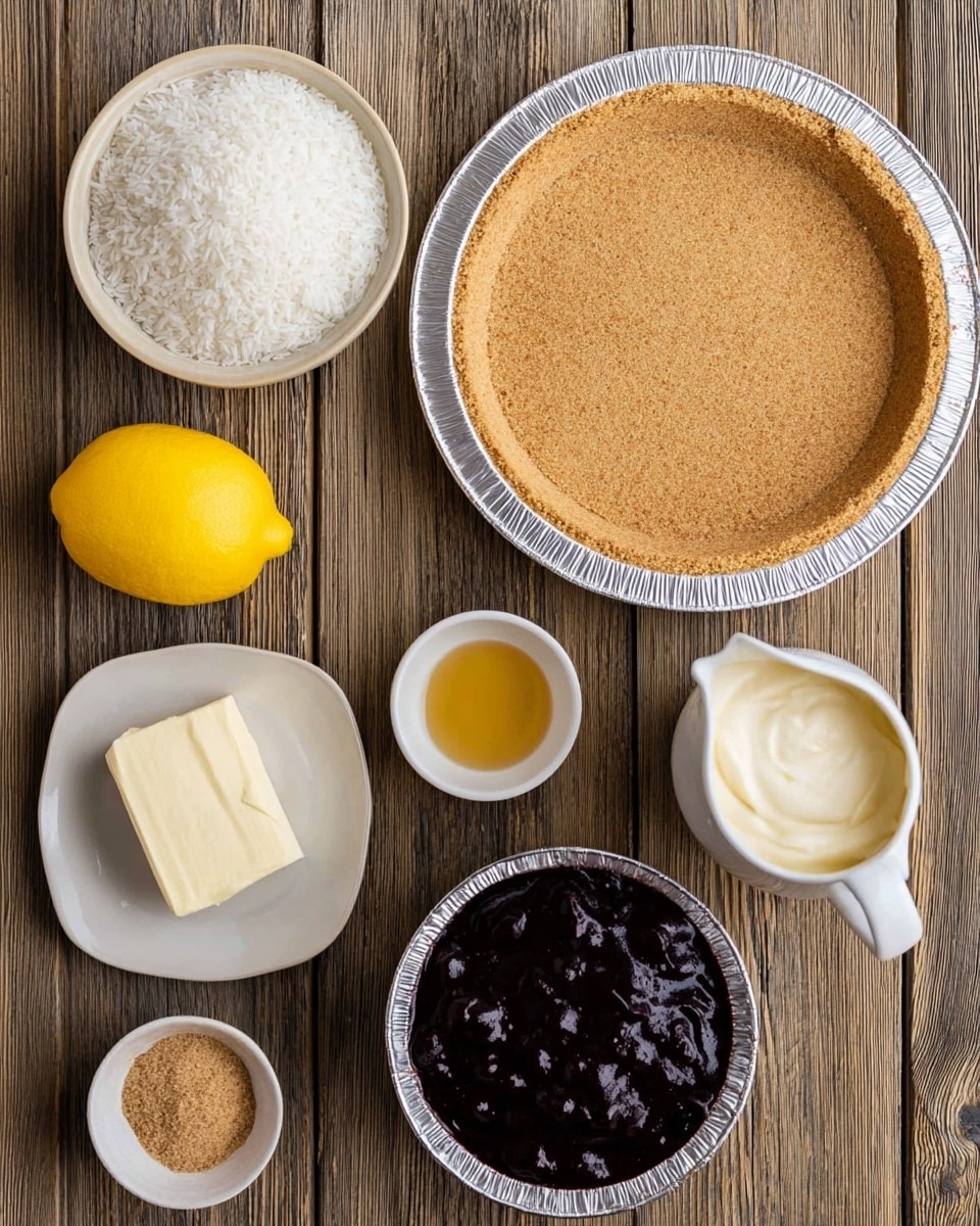 The image shows several ingredients for making a dessert placed on a wood textured surface. At the center right, there is a round graham cracker crust in a foil pie pan with a rough, speckled light brown texture. To the left, there is a small white bowl filled with fluffy white rice. Below it, a whole bright yellow lemon rests on the surface. Near the bottom left corner, a small white plate holds a block of smooth, creamy white cream cheese. Next to it is a tiny white bowl with a golden liquid, likely vanilla extract. At the center bottom, a small white ramekin contains light brown brown sugar with an uneven surface. To the center right, there is a white ceramic pitcher filled with cream, and next to it, a metal bowl contains a thick, dark purple-blue berry sauce with visible berry pieces. All items are arranged neatly on the wood background. Photo taken with an iphone --ar 4:5 --v 7