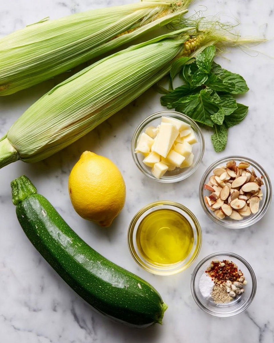 The image shows two green zucchinis and two ears of corn with green husks on a white marbled surface. Below them is a bright yellow lemon and a small bunch of fresh green mint leaves. To the right are four small clear glass bowls: one with thin pale yellow slices of cheese, one with light brown sliced almonds, one with a mix of salt, black pepper, and red chili flakes, and one filled with golden-yellow olive oil. The overall look is fresh and clean, with natural colors contrasting against the white marbled background. photo taken with an iphone --ar 4:5 --v 7