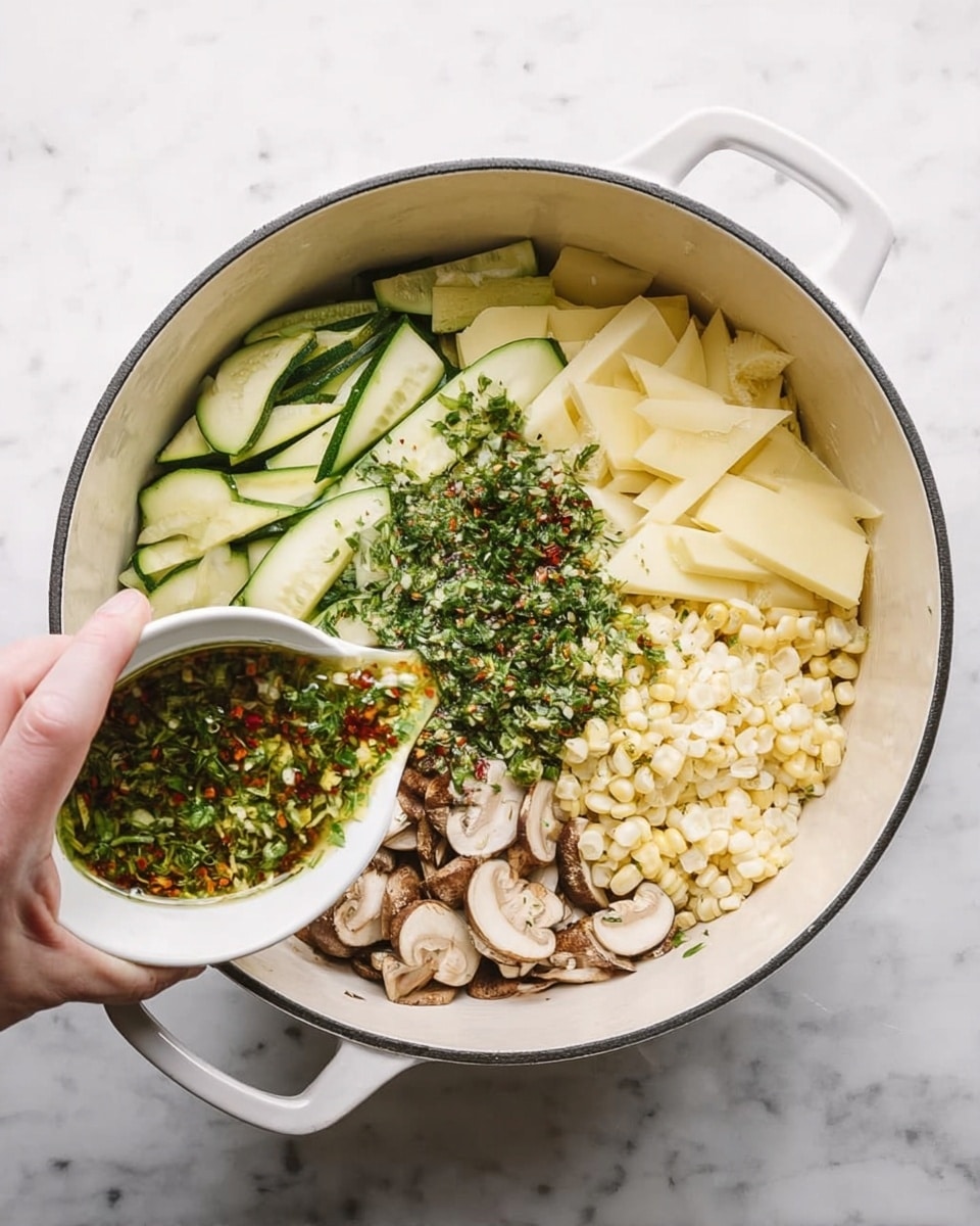 A white pot is filled with many layers of food arranged side by side. One side has light green zucchini slices cut into long strips. Next to it is a pile of thin, pale yellow cheese slices with a smooth texture. Beside the cheese, there are off-white corn kernels piled up, appearing juicy and fresh. Next to the corn, there are sliced brown mushrooms with a soft texture. A woman's hand is holding a white bowl pouring a green herb dressing with bits of red chili and chopped herbs over the ingredients. The pot sits on a white marbled surface photo taken with an iphone --ar 4:5 --v 7