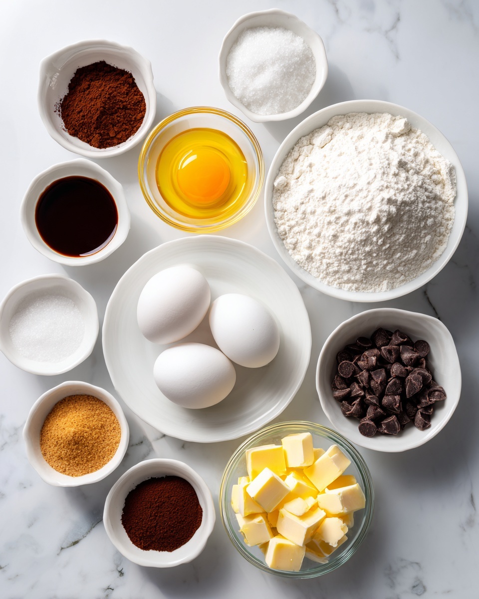 A top-down view of 11 small white bowls and plates arranged on a white marbled surface, each containing different baking ingredients. At center is a white plate with three whole white eggs. To its right, a white bowl filled with white all-purpose flour. Above the flour is a small clear glass bowl holding one bright yellow egg yolk. Surrounding these central items are smaller white bowls with different contents: top left has dark brown instant coffee powder, next left has dark amber vanilla liquid, lower left has white sea salt, bottom left has light to dark brown brown sugar, lower center has white sugar, bottom right has dark Dutch cocoa powder, and to the right of butter is a white bowl full of dark chocolate chips or chunks. Center bottom is a clear bowl with soft yellow unsalted butter chunks. The scene is clean and bright, with natural lighting highlighting the textures and colors of ingredients. Photo taken with an iphone --ar 4:5 --v 7