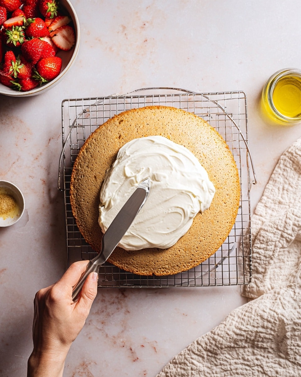 A single round cake layer with a light brown color and a slightly rough texture sits on a metal cooling rack. On top of the cake, there is a thick dollop of smooth white cream being spread with a metal spatula held by a woman's hand. Nearby, to the left, there is a small white bowl filled with halved fresh strawberries showing their bright red color and green leaves. Next to the strawberries, a small glass jar holds a light yellow liquid, likely oil. The whole scene is set on a white marbled surface, with part of a light beige textured cloth visible in the bottom right corner. Photo taken with an iphone --ar 4:5 --v 7