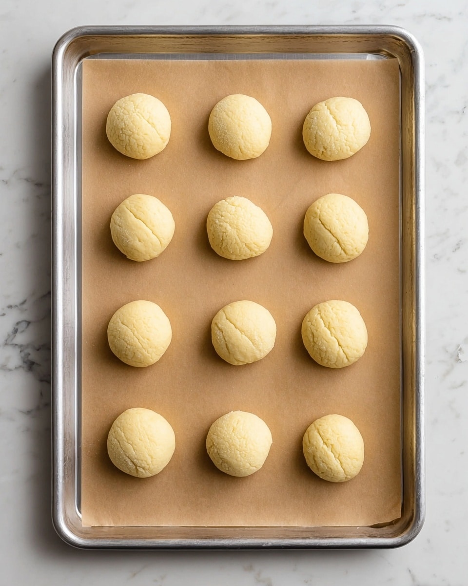 A metal baking tray holds a sheet of brown parchment paper with twelve small, round dough balls evenly spaced in a 3 by 4 grid. Each dough ball is pale yellow with a smooth, slightly cracked surface, and they sit firmly on the paper without touching. The tray rests on a white marbled surface. photo taken with an iphone --ar 4:5 --v 7