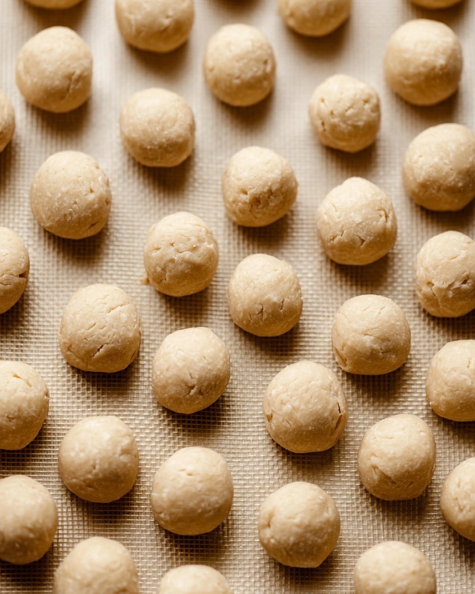 Multiple small dough balls are shown arranged in neat rows on a baking sheet. Each ball is pale beige with a smooth, slightly uneven texture. The dough balls are uniform in size, and the baking sheet has a mesh-like pattern that is visible underneath. The background is a soft white marbled texture. photo taken with an iphone --ar 4:5 --v 7