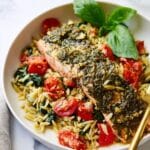 Pesto Salmon with Blistered Tomato Orzo Recipe