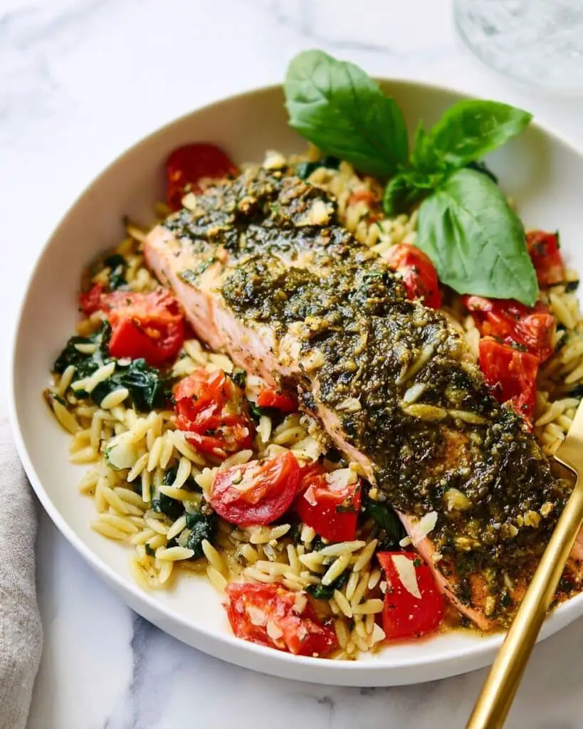 Pesto Salmon with Blistered Tomato Orzo Recipe