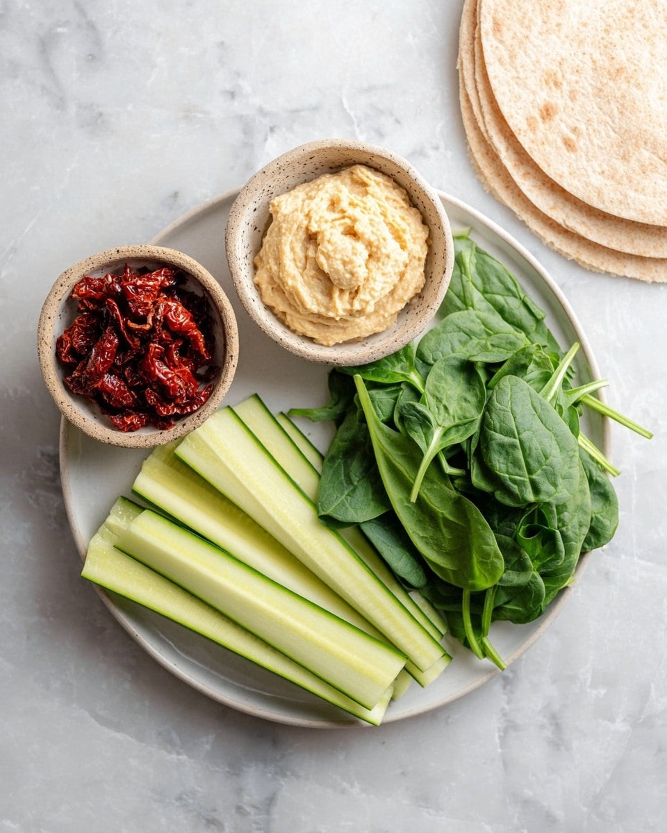 The image shows a white plate with three sections of fresh ingredients on a white marbled surface. On the left side of the plate, there are thin green and pale yellow cucumber sticks layered neatly. On the right side, there is a small pile of dark green spinach leaves with smooth textures. Near the top left of the plate, inside a small round bowl with a rough beige surface, there is a heap of sun-dried tomatoes with a deep red color and wrinkled texture. Behind the plate, there are two whole wheat wraps, light brown and slightly textured. To the top right of the plate, there is a white bowl filled with creamy, beige hummus. The colors and arrangement of the ingredients are clear and fresh. Photo taken with an iphone --ar 4:5 --v 7