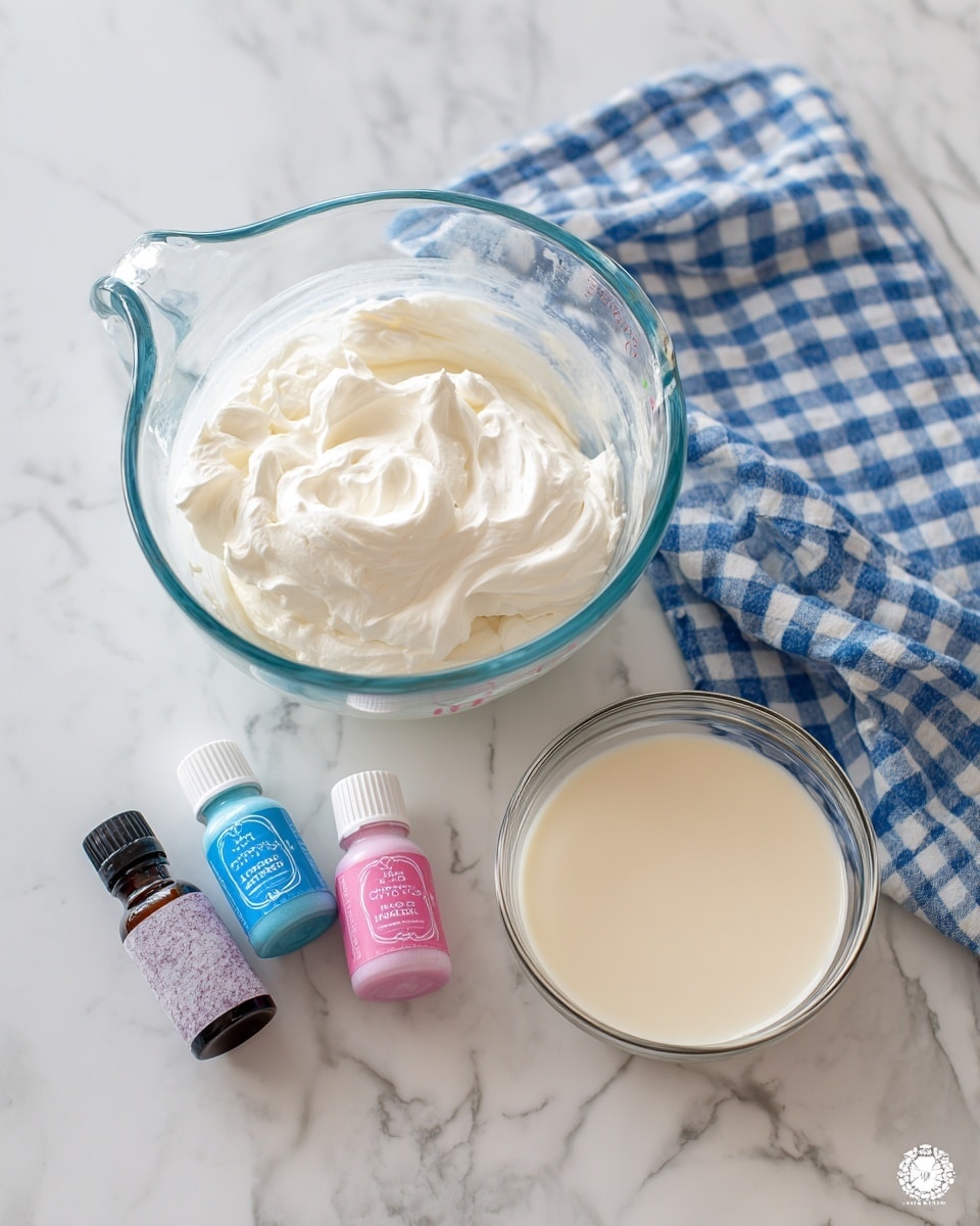 A clear glass measuring cup filled with white heavy whipping cream is placed on a white marbled surface. Next to it is a white marbled surface with a blue and white checkered cloth partly visible at the top right. Near the measuring cup are three small bottles: two with white caps showing pink and blue food coloring and one dark bottle labeled cotton candy flavoring. To the right is a clear glass bowl filled with light cream-colored sweetened condensed milk. All items are spread out neatly on the white marbled surface. photo taken with an iphone --ar 4:5 --v 7