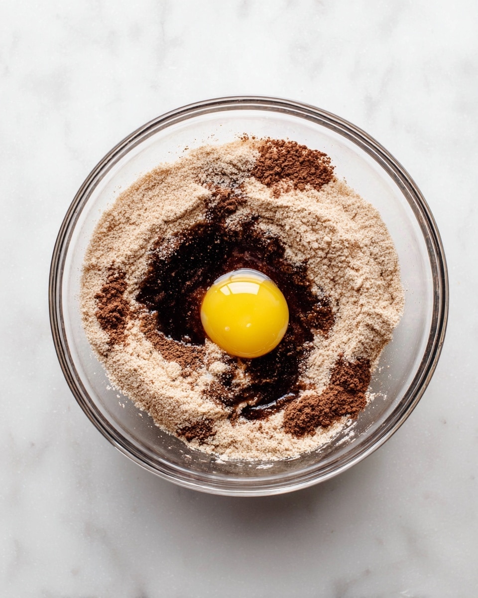 A clear glass mixing bowl sits on a white marbled surface, filled with different baking ingredients not yet mixed. The bottom layer is a dark liquid with a slightly shiny texture, partially covered by a light brown powder spread unevenly in a ring around the bowl edges. In the center of the ring, there is a whole raw yellow egg yolk with a smooth surface, surrounded by some of the dark liquid and powder. The overall look shows layers ready to be blended. Photo taken with an iphone --ar 4:5 --v 7