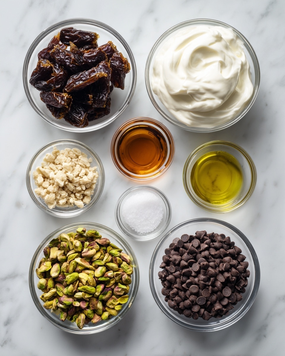 Seven clear glass bowls sit on a white marbled surface, each containing a separate ingredient. Starting from the top left is a bowl filled with chopped dark brown dates, to its right a bowl of smooth, thick white Greek yogurt. Next are three smaller bowls in a vertical row on the right side; the top has clear light vegetable oil, beneath it is amber-colored vanilla extract, and below that is a small amount of white salt. At the bottom left is a bowl of crushed light and dark green pistachios mixed with small nut pieces. Next to it on the right is a bowl fully packed with small, round dark brown chocolate chips. photo taken with an iphone --ar 4:5 --v 7