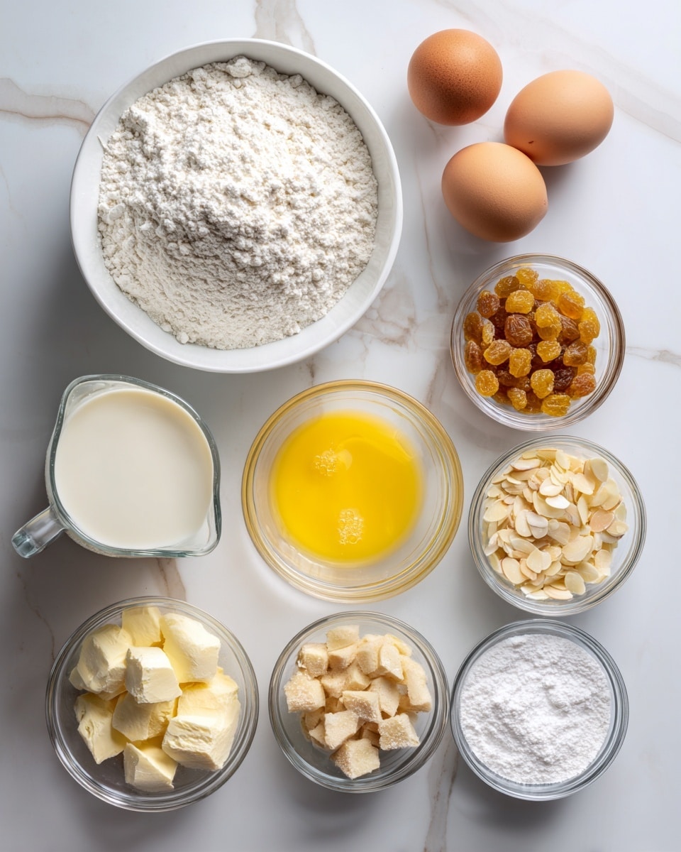 A white round bowl filled with white flour is placed at the top left. To the right, a small clear bowl holds two brown eggs stacked on each other. Below the eggs, a clear bowl contains melted golden yellow butter. Next to it, a clear bowl shows a mix of yellow liquid labeled egg plus milk. At the bottom left, there is a white measuring jug filled with light cream milk. On the right side, multiple small clear bowls hold different ingredients: golden raisins on top, light beige sliced almonds below them, white custard powder below the almonds, white granulated sugar to the right of almonds, fine white salt below sugar, clear vanilla extract below custard powder, white powdered sugar below vanilla, and light beige yeast at the bottom right. All bowls and containers are laid on a white marbled surface with ingredients spread evenly but organized. photo taken with an iphone --ar 4:5 --v 7