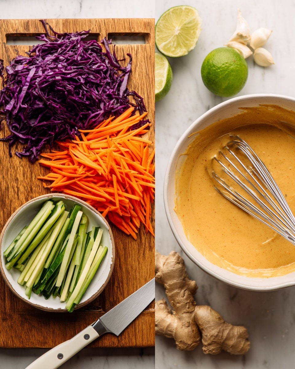 The image shows two side-by-side parts: on the left, a wooden board holds three groups of sliced vegetables - dark purple shredded cabbage on the top left, bright orange thin carrot strips in the middle right, and a small white bowl filled with long green cucumber sticks in the bottom left; a white slicing tool and a knife are also visible on the right side of the board; on the right, a white bowl with a thick, creamy, light orange sauce sits on a white marbled surface, with a metal whisk resting inside the bowl; nearby are a halved lime, a piece of ginger root, and two peeled garlic cloves. Photo taken with an iphone --ar 4:5 --v 7