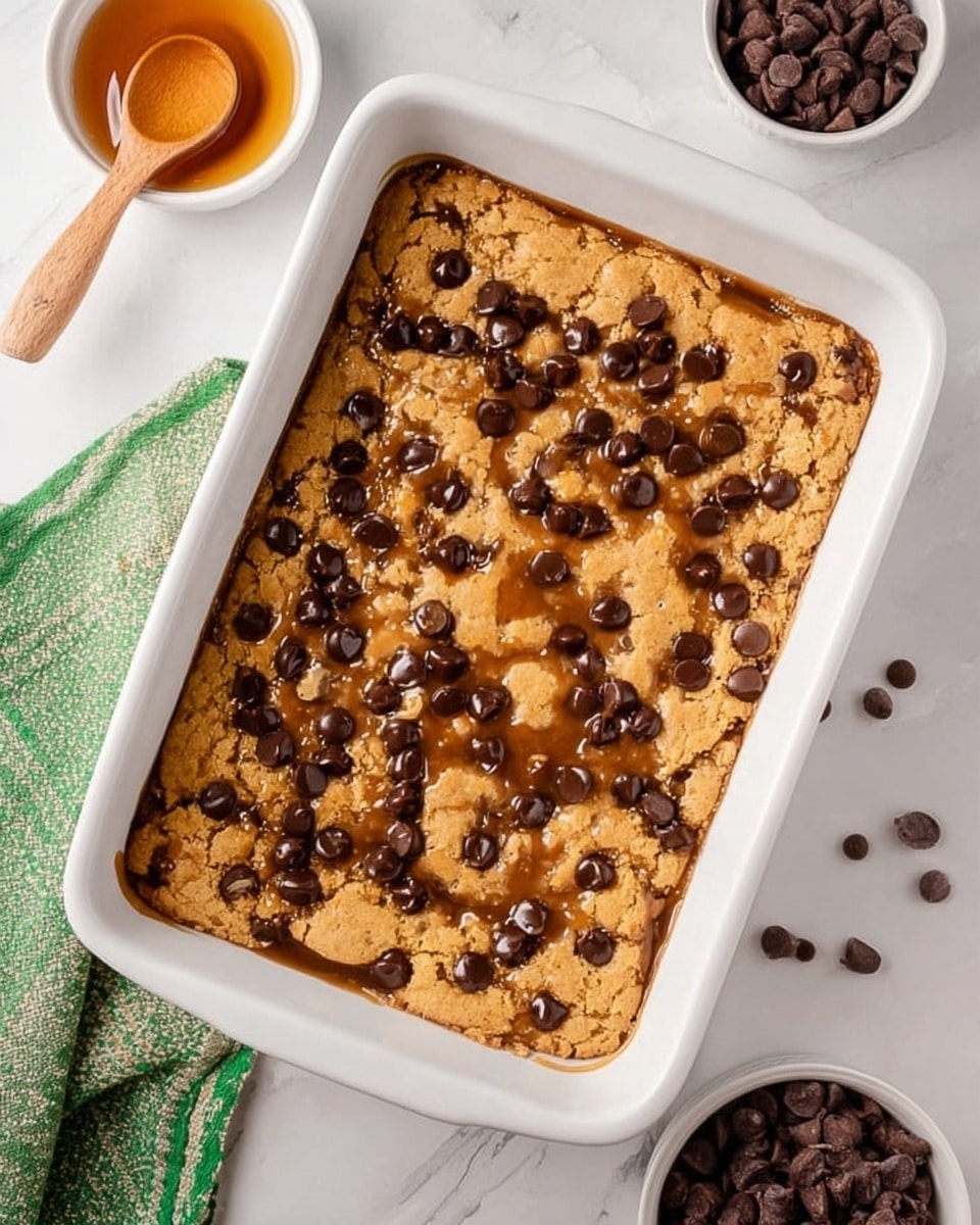 The image shows a white rectangular baking dish filled with a thick, golden-brown cookie bar. The cookie bar has a rough texture with many dark chocolate chips spread evenly across the top layer. The surface looks slightly crumbly and soft in some spots with some shiny caramel-like streaks visible under the cookie layer. Around the dish, there is a small white bowl with a wooden spoon and honey inside, and a small white bowl filled with more chocolate chips. The entire setup is on a white marbled surface with a green and white cloth napkin on the left side. Photo taken with an iphone --ar 4:5 --v 7