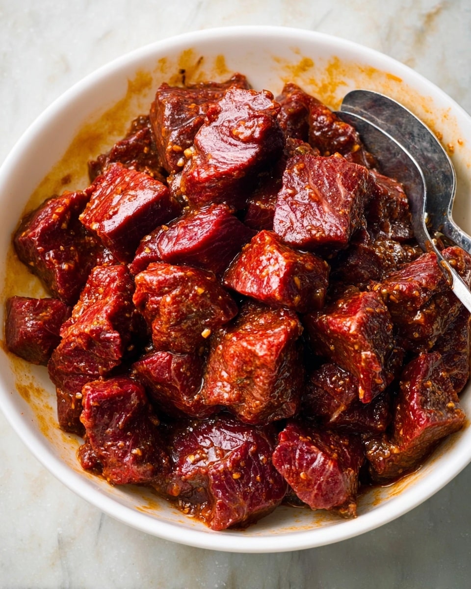The image shows a white bowl filled with dark red and brown marinated beef chunks. The meat pieces are glossy and coated in a thick, shiny sauce that gives a wet texture all over. The beef is cut into medium-sized cubes with visible grain and slight marbling. The white bowl interior contrasts with the deep colors of the marinated meat, and a spoon is partially visible under some meat on the right side of the bowl. The background is a white marbled texture. photo taken with an iphone --ar 4:5 --v 7
