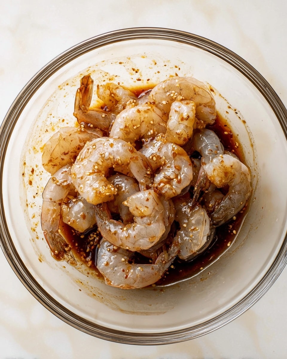 A clear glass bowl sits on a white marbled surface filled with a single layer of raw shrimp coated in a dark brown marinade. The shrimp have a translucent gray color mixed with the shiny texture of the sauce, showing some light reflections. The marinade is spread unevenly, with splashes visible on the sides of the bowl. The shrimp are curled with tails still attached, and the bowl edges are thin and transparent. Photo taken with an iphone --ar 4:5 --v 7
