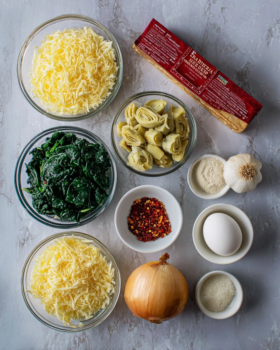 The image shows ingredients neatly arranged on a white marbled surface. There are clear glass bowls with shredded yellow cheese, light green artichoke hearts, and dark green chopped spinach. Small white bowls hold red chili flakes and grated white cheese. Next to them are a whole light brown onion, a bulb of garlic with white papery skin, a single white egg, and a rectangular box of red puff pastry. The items are all spaced evenly, creating a clean and organized look. Photo taken with an iphone --ar 4:5 --v 7