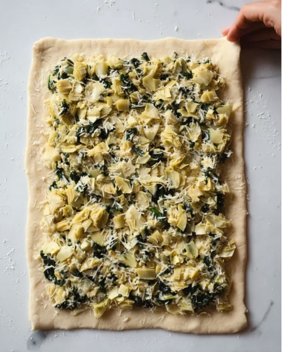 A rectangular sheet of pale dough lies flat on a white marbled surface, covered evenly with a mixture of light yellow chopped artichokes, dark green spinach bits, and white shredded cheese spread in a thick single layer, reaching close to the dough edges but leaving a small border. The texture of the topping looks slightly moist with a blend of soft and crumbly parts. A woman's hand with a light skin tone is partially visible at the top left corner gently holding the dough. Photo taken with an iphone --ar 4:5 --v 7