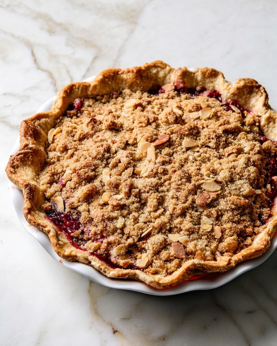 A close-up view of a cherry pie in a white pie dish, sitting on a dark baking tray over a white marbled surface. The pie has one visible layer: a thick crust edge that is golden brown and flaky, holding a bright filling made up of whole dark red and yellow cherries mixed with a chunky red syrup. The crust edge is uneven and slightly puffed, curving over the filling, which looks juicy and glossy. Photo taken with an iphone --ar 4:5 --v 7