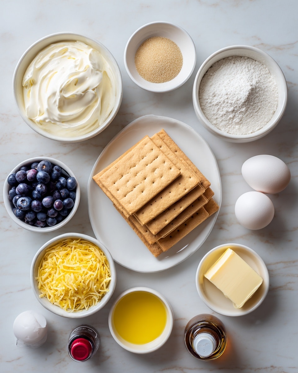 The image shows several ingredients neatly arranged on a white marbled surface, each in its own small white bowl or container. At the center, there is a white plate holding a layer of rectangular golden-brown graham crackers placed side by side. Surrounding the plate are small bowls or containers filled with different ingredients: one has smooth white sour cream, another has smooth white cream cheese wrapped in foil, a bowl of bright yellow lemon zest, a bowl of blue and purple blueberries, and a small bowl of white flour. There are three white eggs placed together near the middle. Below these are a small round bowl of light brown sugar, a pale yellow stick of butter, a small container with shiny yellow lemon juice, a small bowl of white sugar, and a small bottle of dark vanilla extract with a red cap. Each ingredient is labeled with clear, dark text. The overall setting is clean and bright. photo taken with an iphone --ar 4:5 --v 7