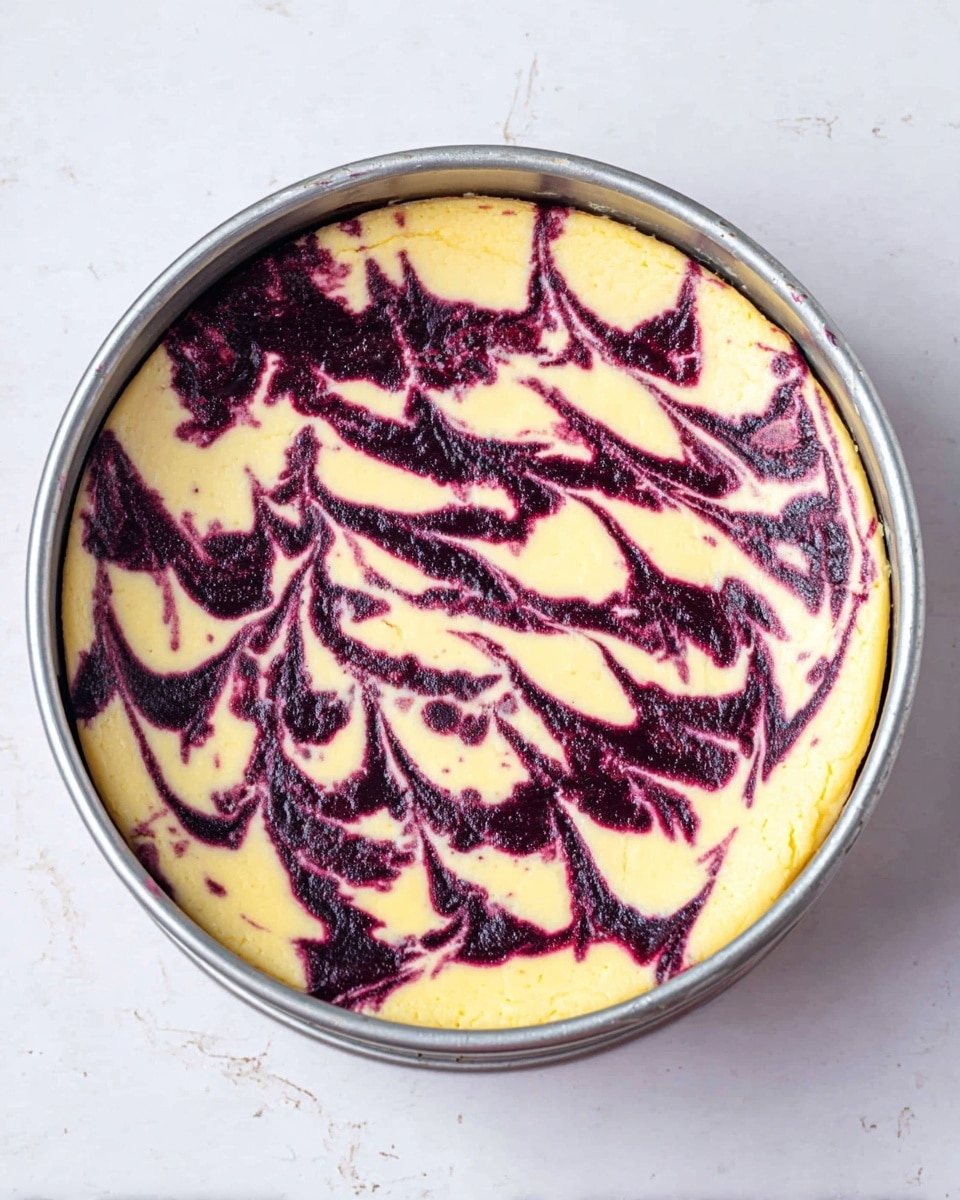 A round cheesecake with two visible layers sits inside a silver springform pan on a white marbled surface. The base layer is smooth and creamy pale yellow, while the top layer features a deep purple swirl pattern, spread unevenly in an abstract, web-like design across the surface. The pan fills most of the image, showing the contrast between the pale yellow cheesecake and the dark purple swirls. photo taken with an iphone --ar 4:5 --v 7