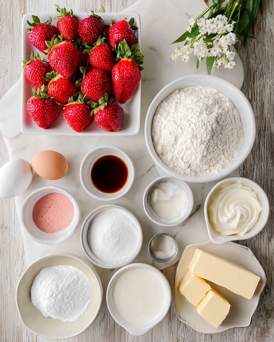 The image shows a top view of several white bowls and a white square dish arranged on a white marbled table. The square dish at the top left is full of bright red strawberries with their green leaves still on. Surrounding it are bowls filled with different ingredients: a large bowl of white flour on the top right, a medium bowl of white powdery sugar near the center, a small bowl of dark brown liquid (vanilla extract), a small bowl with pink powder, a bowl with fine white powder (baking powder), a bowl with white granulated sugar, a bowl with cream cheese or whipped cream, and a small bowl of liquid, possibly milk or oil. At the bottom right, there are two blocks of butter partially unwrapped. Near the eggs in a white carton at the top right are small white flowers for decoration. Everything is neatly arranged on the white marbled surface. photo taken with an iphone --ar 4:5 --v 7