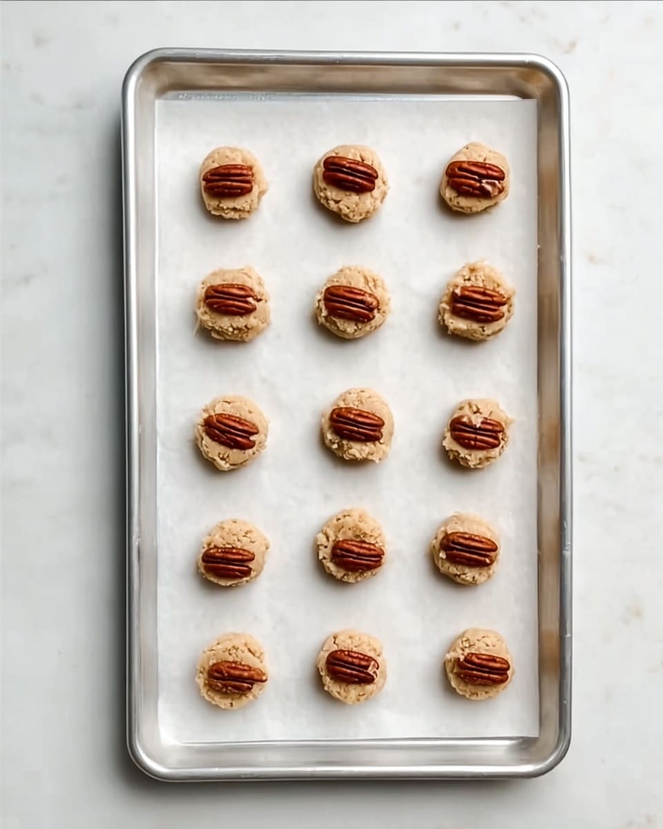 The image shows a metal baking tray lined with white parchment paper, placed on a white marbled surface. On the tray, there are twelve small cookie dough balls arranged in four rows and three columns, each topped with a whole pecan nut pressed slightly into the dough. The cookie dough is light beige and has a rough texture, while the pecans are shiny and rich brown with natural ridges. The tray and the parchment paper create a clean and simple background that highlights the cookies preparing to be baked. photo taken with an iphone --ar 4:5 --v 7