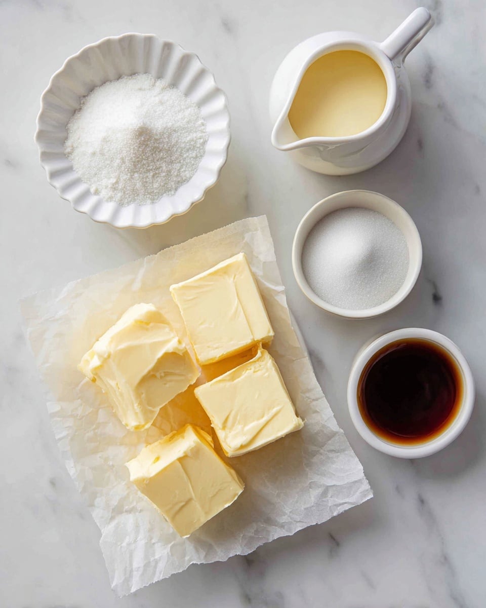 Five ingredients are arranged on a white marbled surface: six square pieces of pale yellow butter on a small square piece of parchment paper, a small white scalloped bowl filled with fine white salt, a small white jug holding creamy light yellow heavy cream, a small white round bowl with dark amber vanilla extract, and a measuring cup filled with white granulated sugar labeled