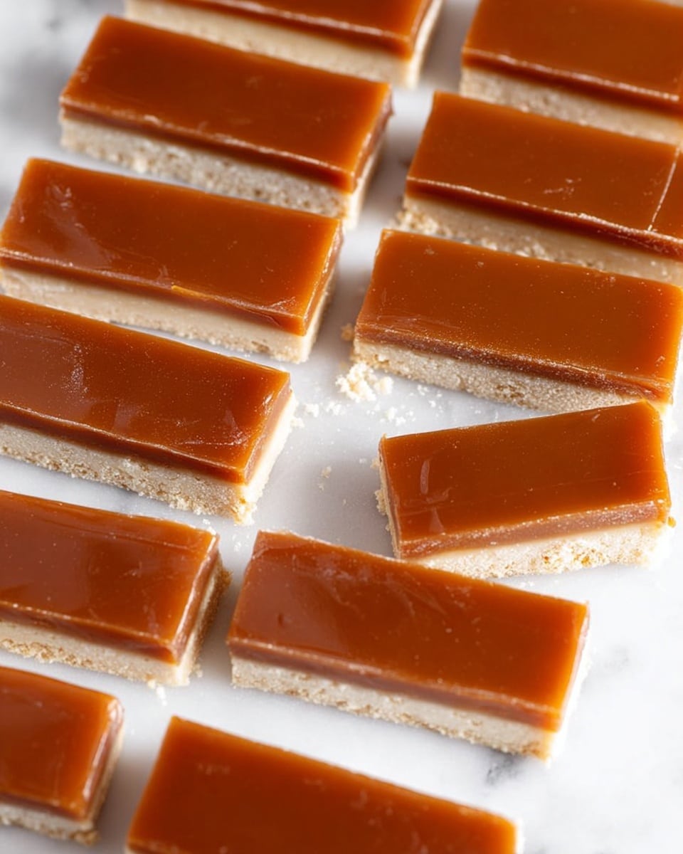 The image shows several rectangular bars placed on a white marbled surface, each bar having two clear layers. The bottom layer is light beige and has a crumbly, cookie-like texture. The top layer is a smooth, shiny caramel-colored layer that looks soft and glossy. The bars are arranged neatly in no particular order but closely spaced, with some bars showing the 2-layer contrast clearly due to slight gaps or pieces missing. The overall look is clean and inviting. photo taken with an iphone --ar 4:5 --v 7