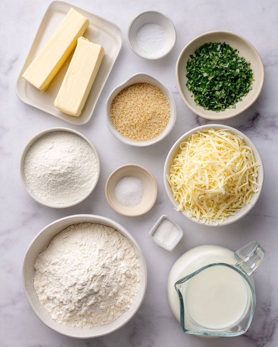 The image shows an overhead view of eight bowls and two sticks of butter arranged on a white marbled surface. The largest white bowl at the bottom right is filled with white flour. To its left, a smaller white bowl holds granulated white sugar, and above it, two partially unwrapped sticks of pale yellow butter lie side by side. Above the butter, a small white bowl contains light brown breadcrumbs, while a white bowl to the right holds fresh, finely chopped green herbs. Further up, a medium white bowl is full of shredded pale yellow cheese, and next to it on the right is a clear glass measuring jug with white milk. To the right of the milk, a small beige bowl contains a white powder mix of salt and baking soda. A small white square bowl near the center holds coarse salt. The arrangement is neat, with all ingredients visible and clear. Photo taken with an iphone --ar 4:5 --v 7