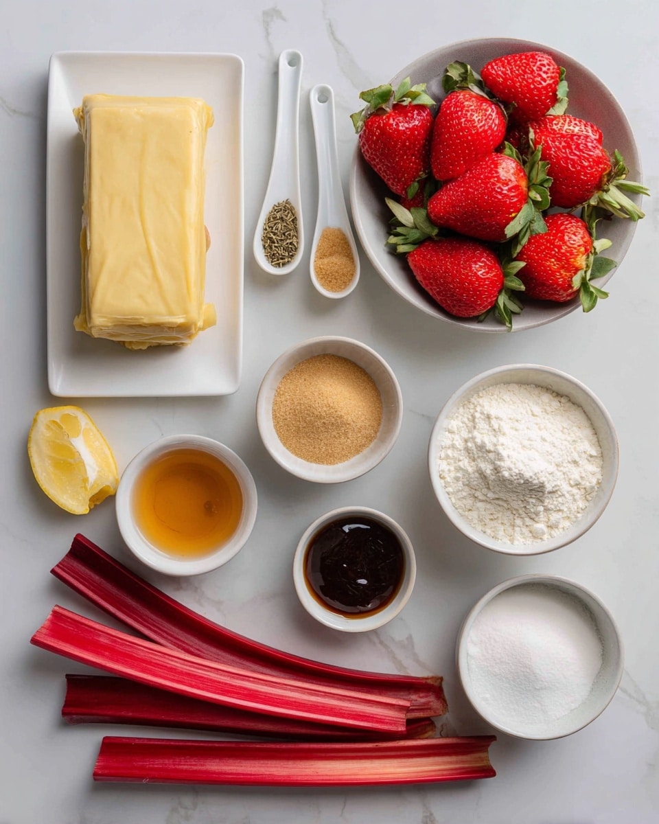 The image shows several ingredients neatly arranged on a white marbled surface. On the left, there is a rectangular block of pale yellow puff pastry on a white rectangular plate, next to two white measuring spoons holding cardamom and salt. To the right, there is a white bowl filled with bright red strawberries with green leaves at the top. Below it, a small white bowl contains light brown turbinado sugar, and another small white bowl has a dark brown vanilla bean paste. A lemon wedge with pale yellow flesh and white pith lies below these bowls. Further down, a small glass container holds amber maple syrup. Near the bottom right are three white bowls: one with off-white all-purpose flour, one with white cane sugar, and one with white cornstarch. At the bottom, three long deep red rhubarb stalks stretch horizontally across the surface. The colors and textures are clear and natural, with light coming from the left side. Photo taken with an iphone --ar 4:5 --v 7