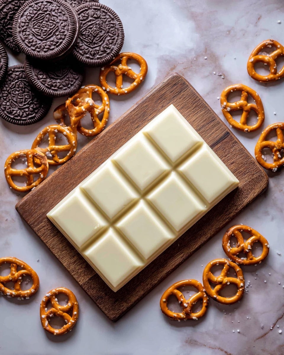 The image shows a wooden board placed on a white marbled surface, with a white chocolate bar lying flat at the center of the board. The chocolate bar has two rows and four columns of rectangular segments, creating eight segments in total, with a smooth shiny texture. Around the board, there are many small pretzels that are golden brown and have a crispy, twisted texture with tiny salt crystals on them. On the upper left corner, there is a pile of chocolate sandwich cookies with a dark brown color and a textured pattern on the top, arranged in a loose cluster. The photo taken with an iphone --ar 4:5 --v 7