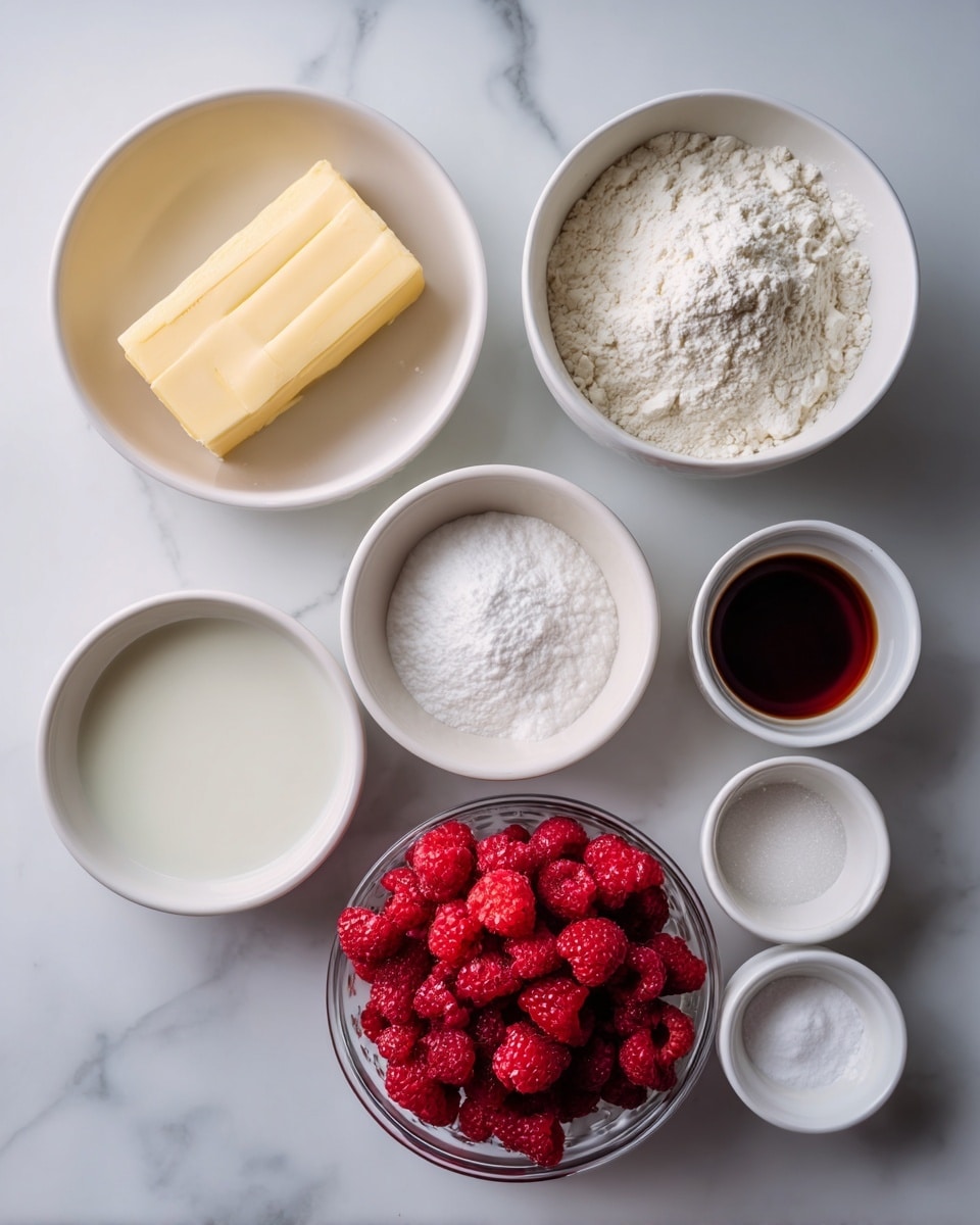The image shows seven small white bowls placed on a white marbled surface, each containing different baking ingredients. Starting from the top left, there is one bowl with a rectangular piece of light yellow butter. To its right, a larger white bowl is filled with white flour. Below butter to the left, a small white bowl contains white baking powder, while to the right of this is a slightly bigger white bowl filled with white granulated sugar. Next to the sugar bowl on the right is a small white bowl with white milk. At the bottom right, another small white bowl holds white cornstarch. The largest bowl at the bottom center is transparent and filled with bright red raspberries, some appearing fresh and some frozen, with a rough texture on the outer surface. A small white bowl with dark brown vanilla liquid is located next to the baking powder on the left side. All bowls are neatly arranged with visible clear labels above them. Photo taken with an iphone --ar 4:5 --v 7