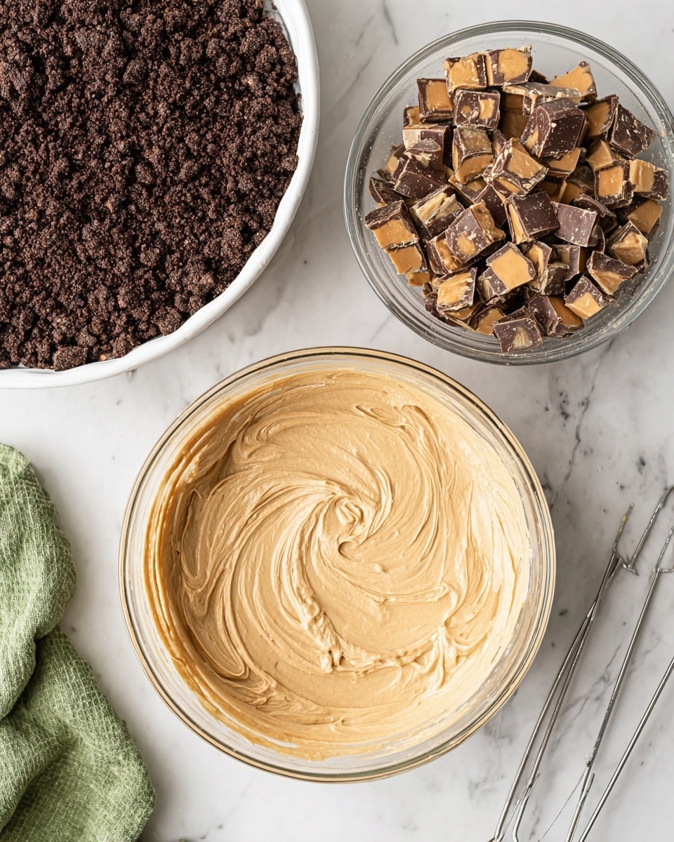 The image shows the preparation for a layered dessert on a white marbled surface. There is a round white cake pan at the top left filled with a dark, crumbly layer that looks like crushed cookies or oats. At the top right, there is a clear glass bowl filled with pieces of chopped chocolate cups, showing a mix of milk chocolate and peanut butter colors. Below these, a large clear glass bowl with light brown, creamy batter swirled smoothly inside. A green cloth is at the bottom left corner, and two metal beaters lie on the right side near the bowls. photo taken with an iphone --ar 4:5 --v 7