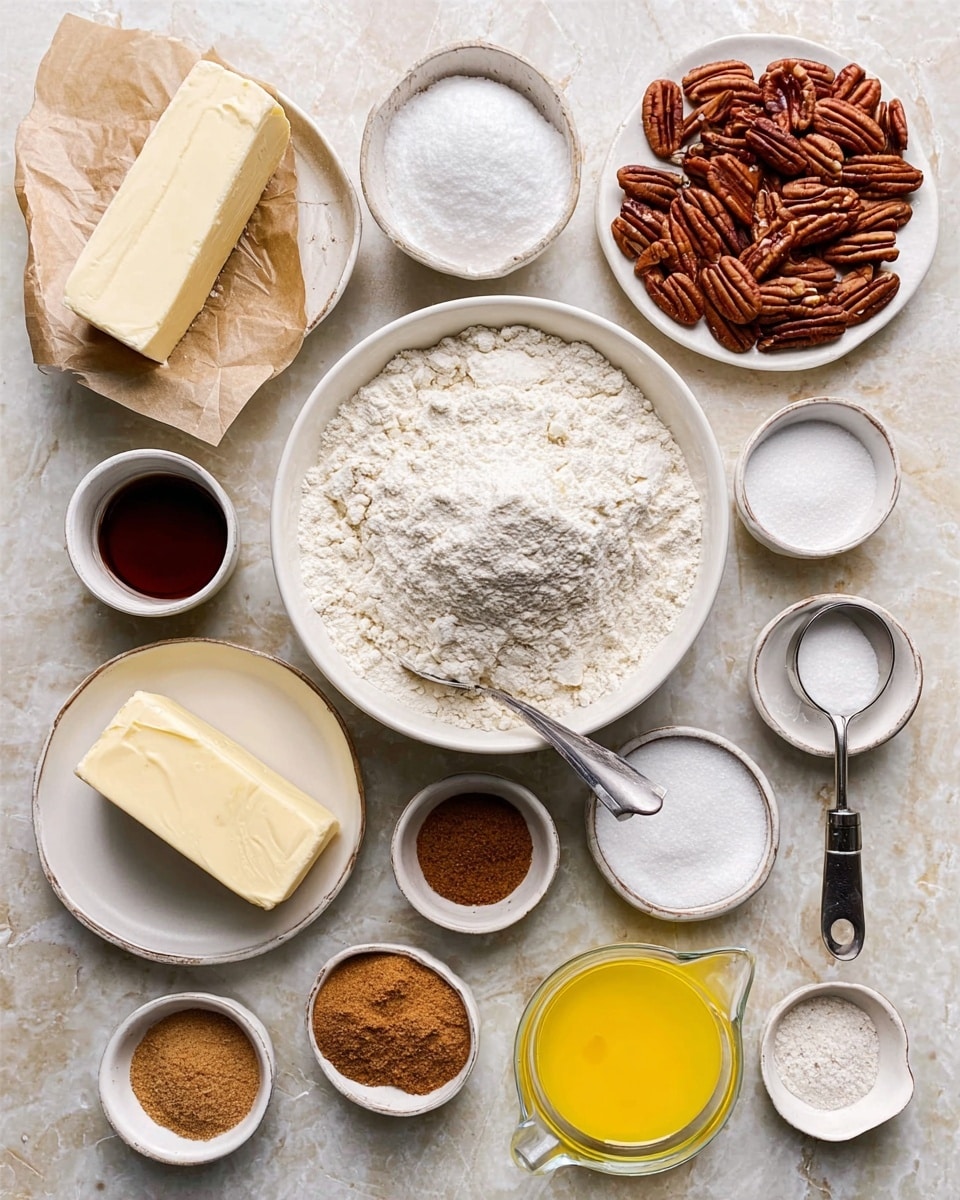A top-down view of different baking ingredients arranged neatly on a white marbled surface, including a large white bowl filled with white flour mixed with a spoon inside it at the center, a smaller white bowl of white powdered sugar with a silver measuring spoon on the right, a white bowl holding a block of butter at the bottom, and a few small white bowls around filled with brown sugar, cinnamon powder, a cracked raw egg, and salt; there is also a plate of pecan nuts, a stick of butter partially wrapped in paper, a small glass jar of dark vanilla extract, and a clear measuring cup with bright yellow melted butter, all evenly spaced showing textures of dry, creamy, and liquid ingredients photo taken with an iphone --ar 4:5 --v 7
